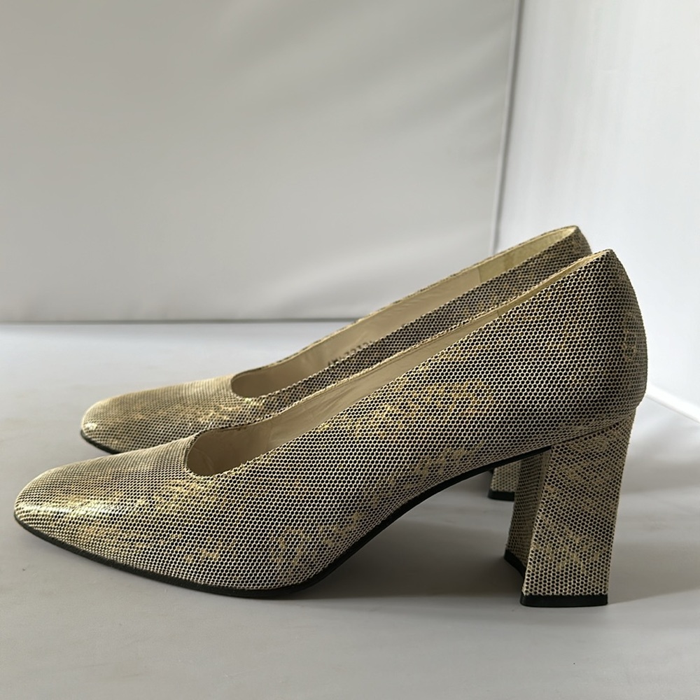 STUART WEITZMAN: Vintage 90s Champagne Faux Snakeskin Chunky Heels Size 9 (EEEE) - Picture 6 of 9